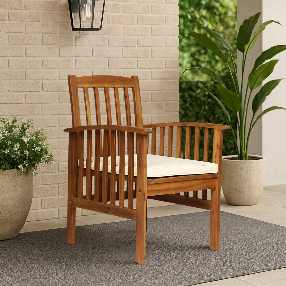 Benjara Gerry Dining Chair, Traditional Slat Design Brown Acacia Wood, Beige Fabric