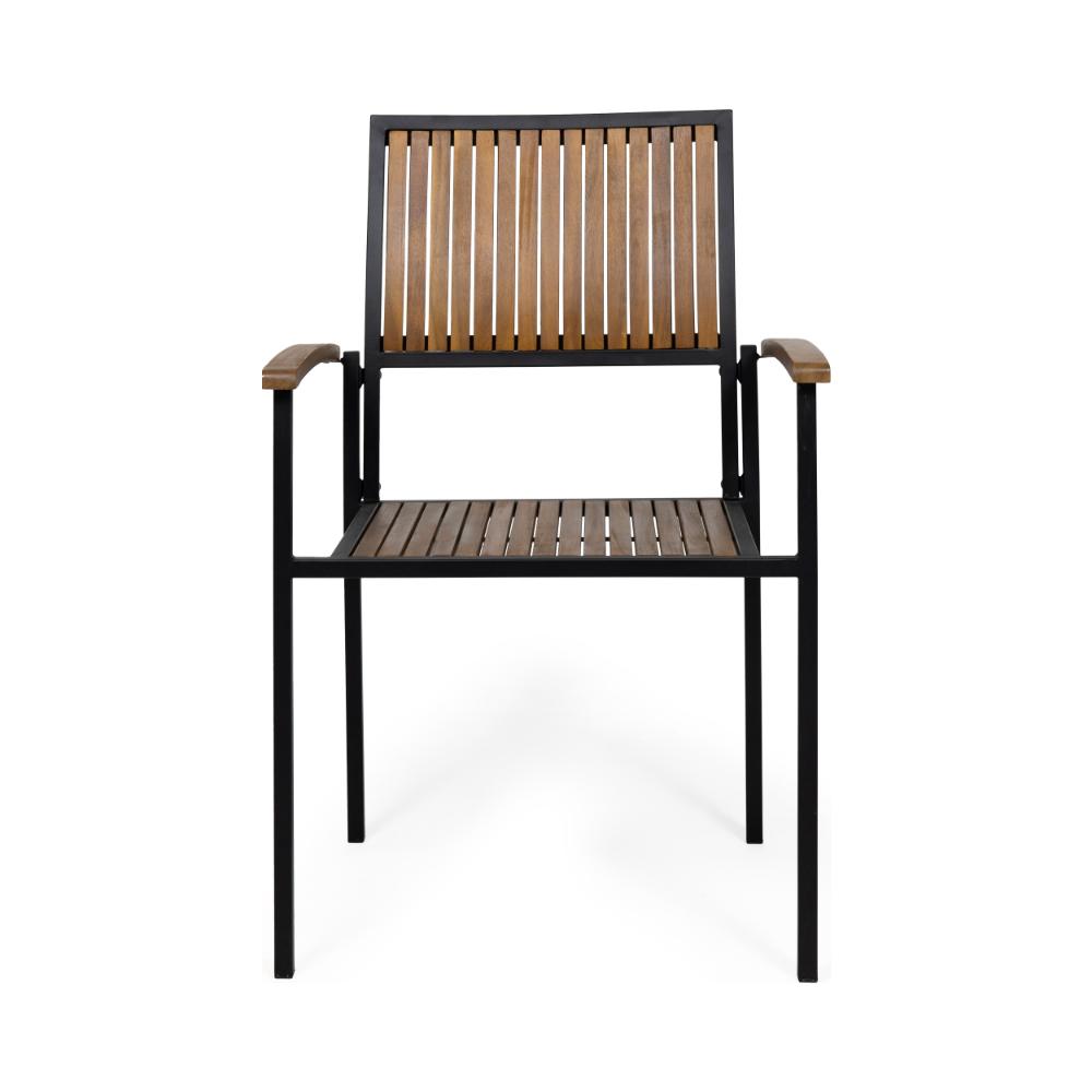 Benjara Side Dining Chair Set of 2, Outdoor Slatted Brown Acacia Wood, Black Iron
