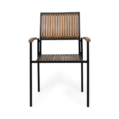 Benjara Side Dining Chair Set of 2, Outdoor Slatted Brown Acacia Wood, Black Iron