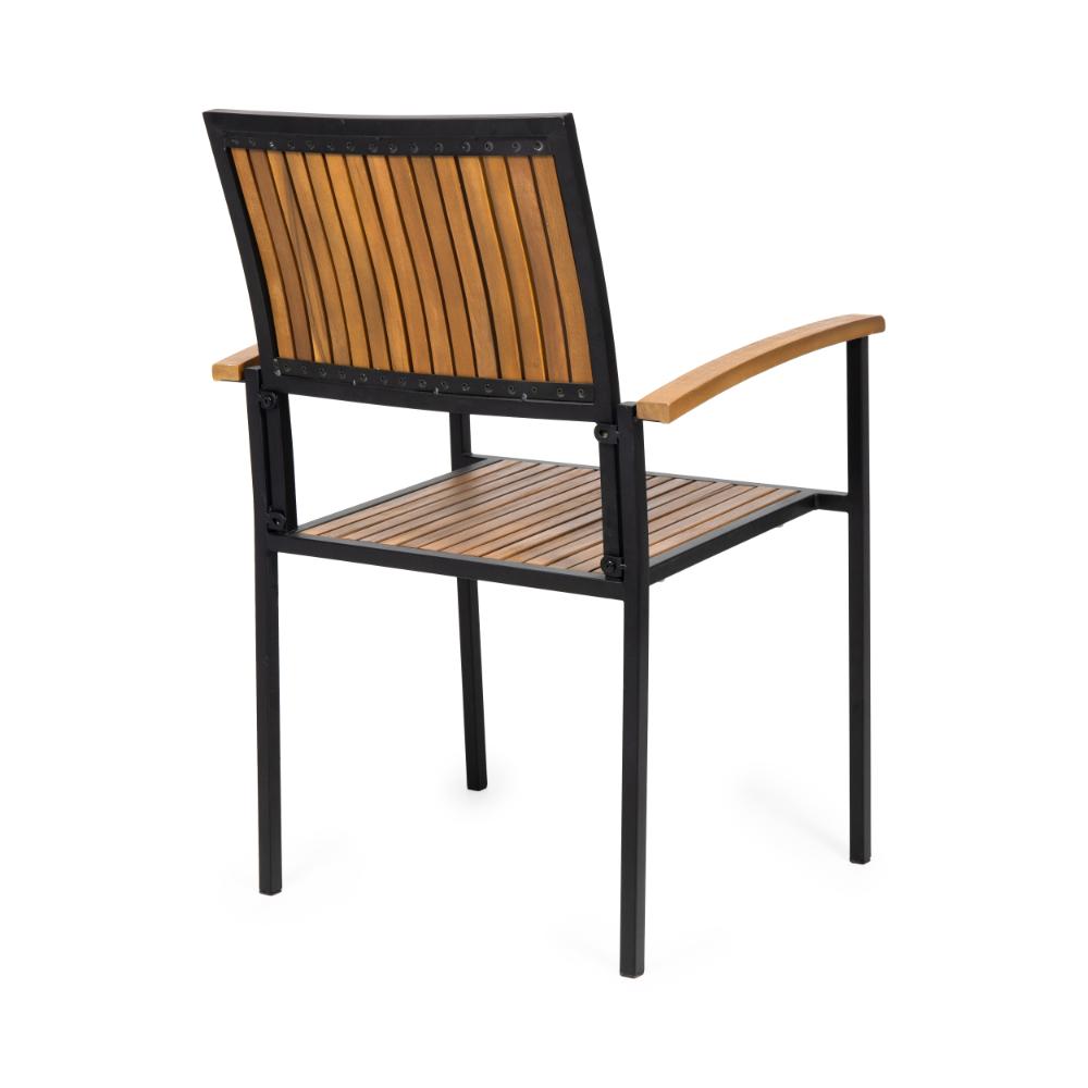 Benjara Side Dining Chair Set of 2, Outdoor Slatted Brown Acacia Wood, Black Iron