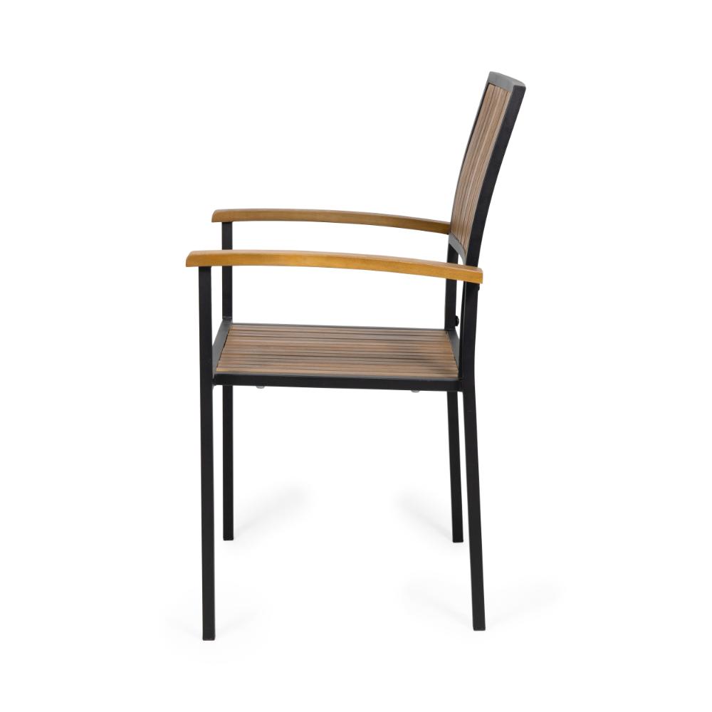 Benjara Side Dining Chair Set of 2, Outdoor Slatted Brown Acacia Wood, Black Iron