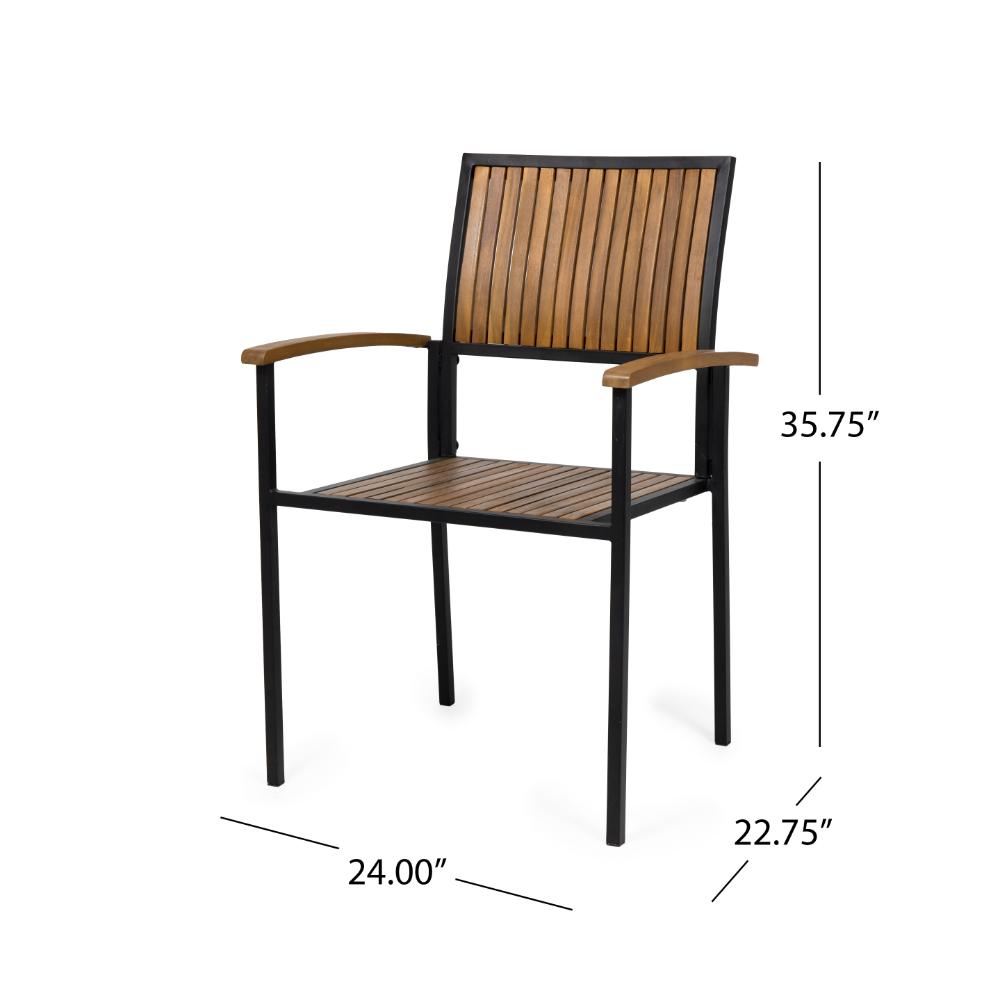 Benjara Side Dining Chair Set of 2, Outdoor Slatted Brown Acacia Wood, Black Iron