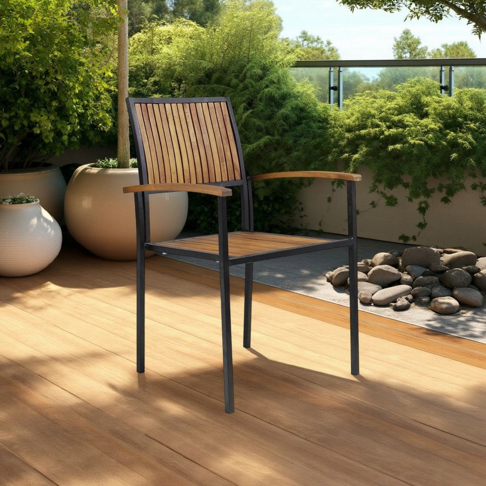 Benjara Side Dining Chair Set of 2, Outdoor Slatted Brown Acacia Wood, Black Iron