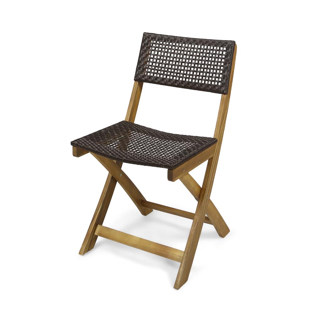 Benjara Bistro Side Chair, Foldable, Outdoor Gray Wicker Cane, Brown Acacia Wood