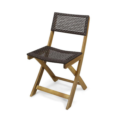 Benjara Bistro Side Chair, Foldable, Outdoor Gray Wicker Cane, Brown Acacia Wood