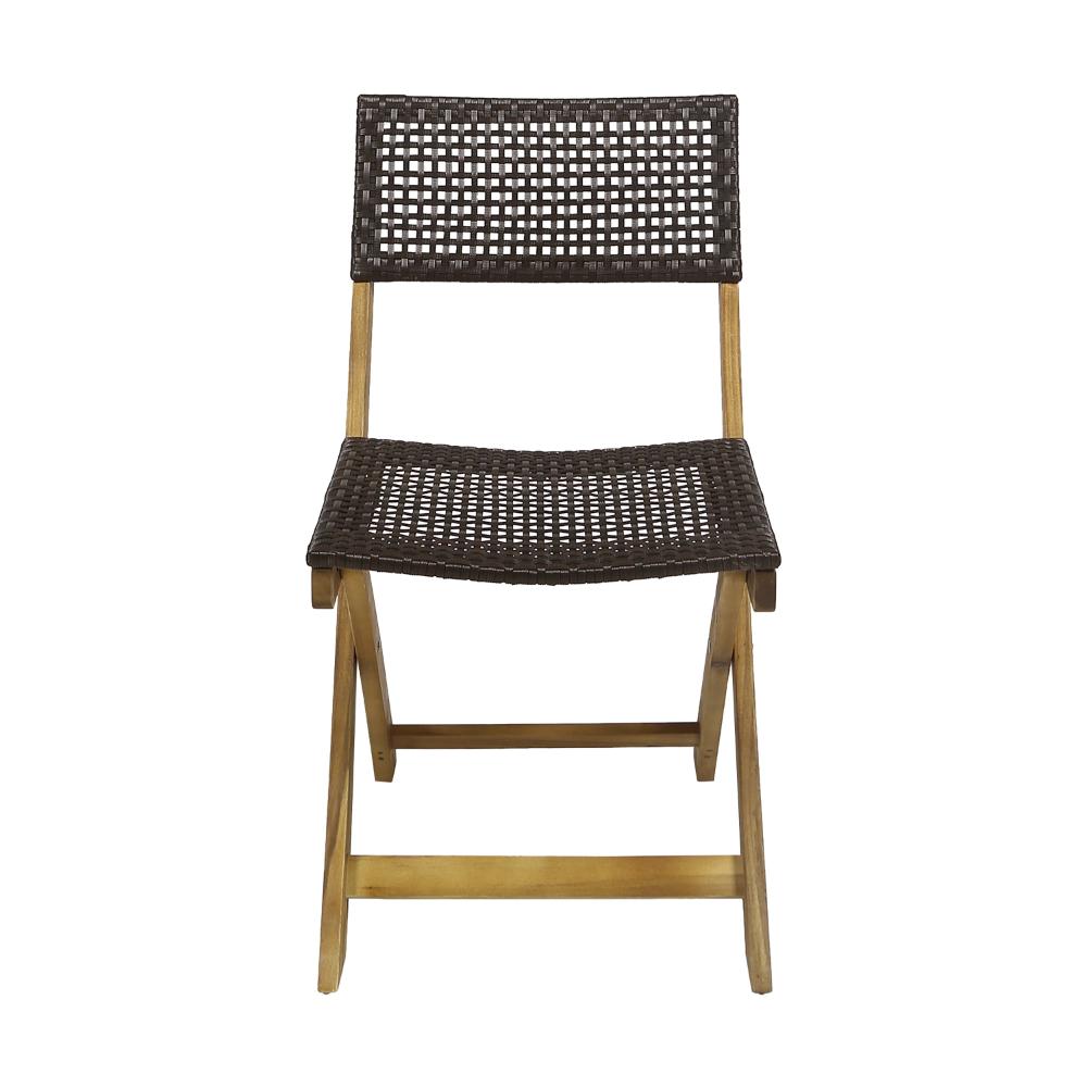 Benjara Bistro Side Chair, Foldable, Outdoor Gray Wicker Cane, Brown Acacia Wood