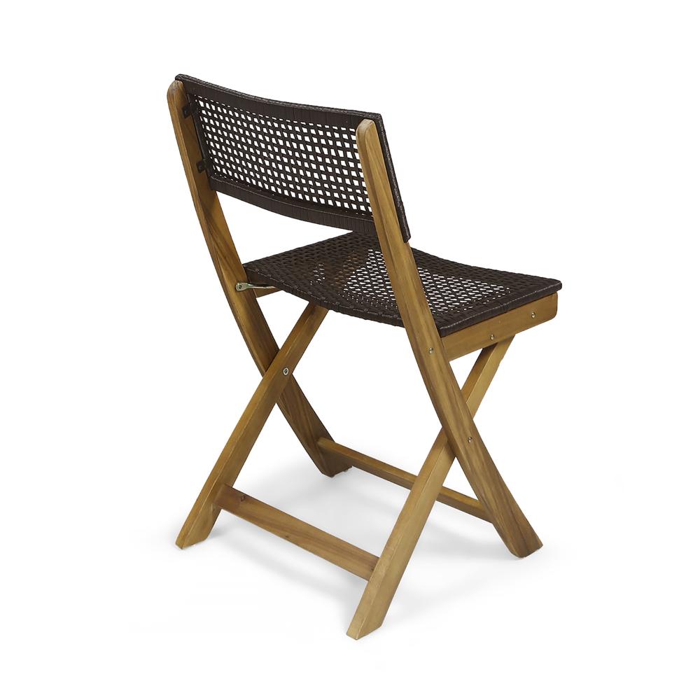 Benjara Bistro Side Chair, Foldable, Outdoor Gray Wicker Cane, Brown Acacia Wood