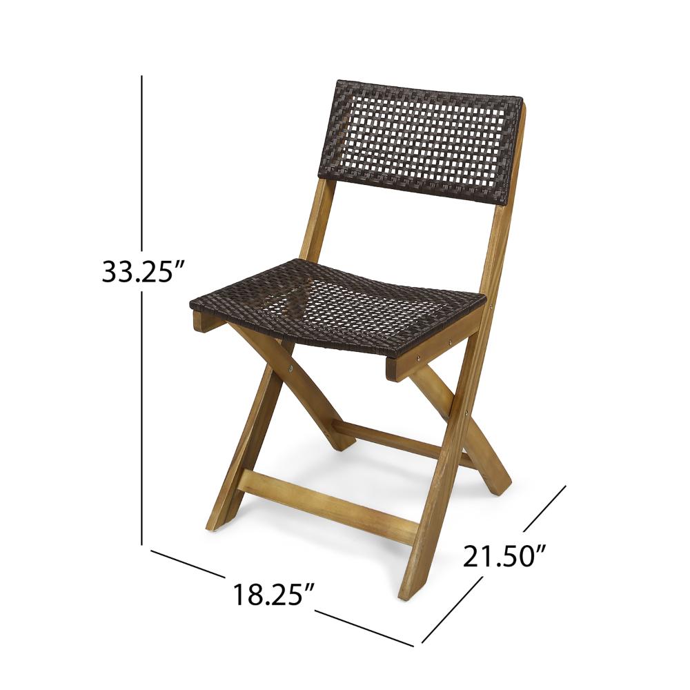 Benjara Bistro Side Chair, Foldable, Outdoor Gray Wicker Cane, Brown Acacia Wood