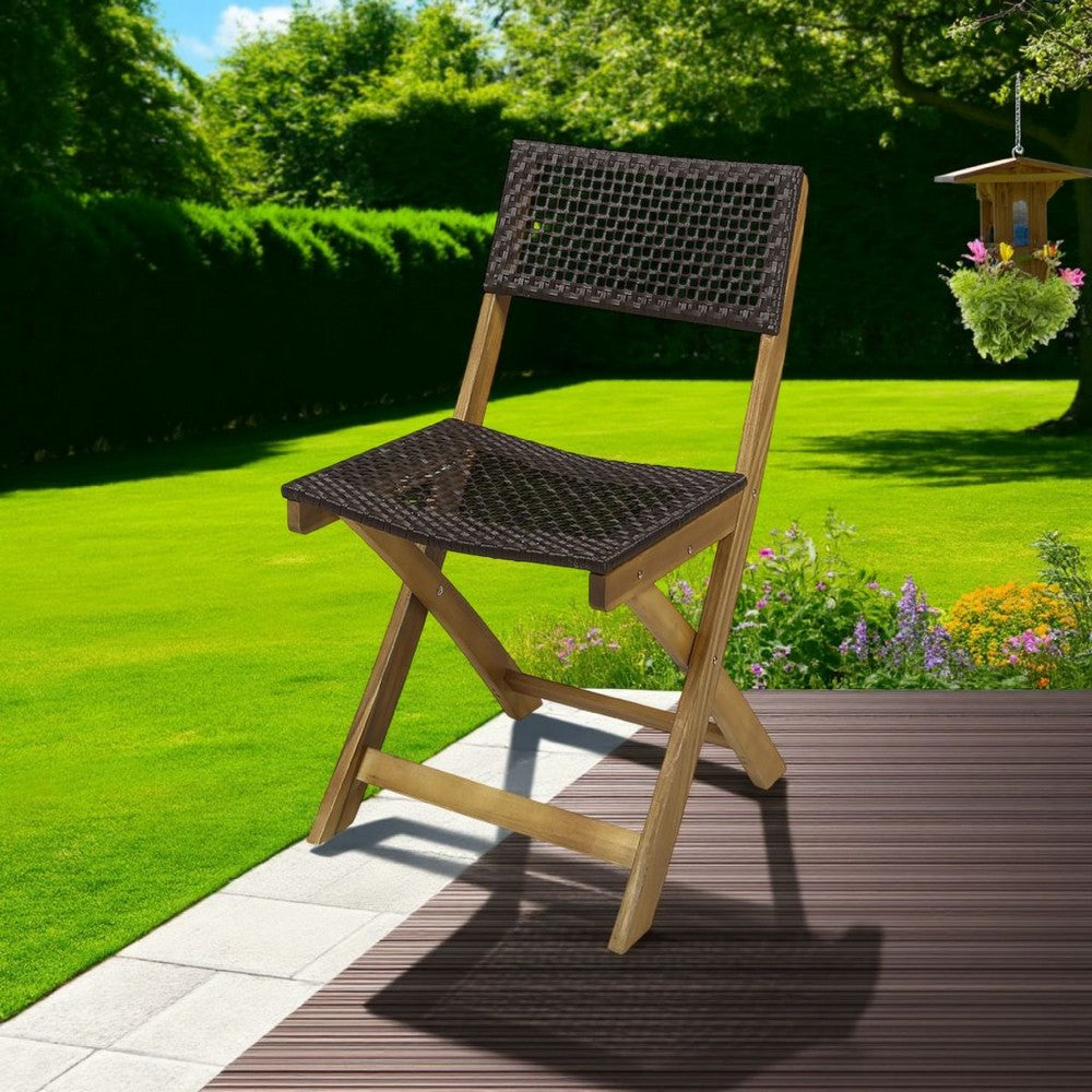 Benjara Bistro Side Chair, Foldable, Outdoor Gray Wicker Cane, Brown Acacia Wood