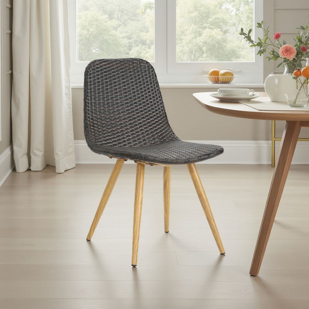 Benjara Illa Side Dining Chair, Modern Style Iron Legs, Dark Gray Wicker Rattan