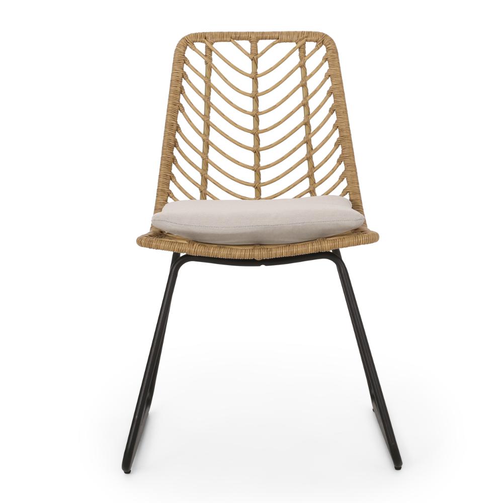 Benjara Side Dining Chair Set of 2, Black Metal, White Fabric, Brown Wicker Rattan