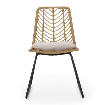 Benjara Side Dining Chair Set of 2, Black Metal, White Fabric, Brown Wicker Rattan
