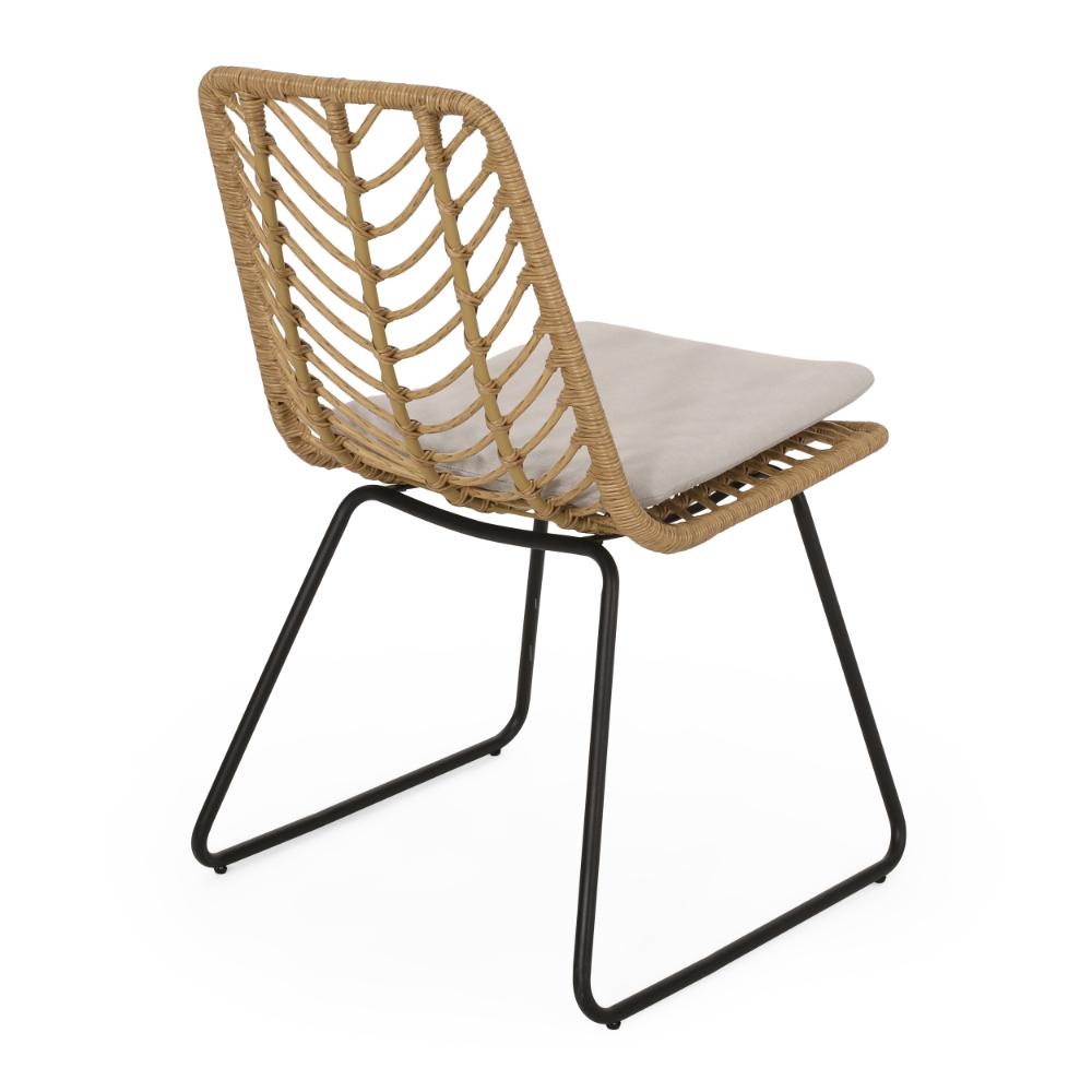 Benjara Side Dining Chair Set of 2, Black Metal, White Fabric, Brown Wicker Rattan
