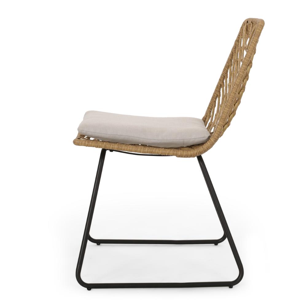 Benjara Side Dining Chair Set of 2, Black Metal, White Fabric, Brown Wicker Rattan