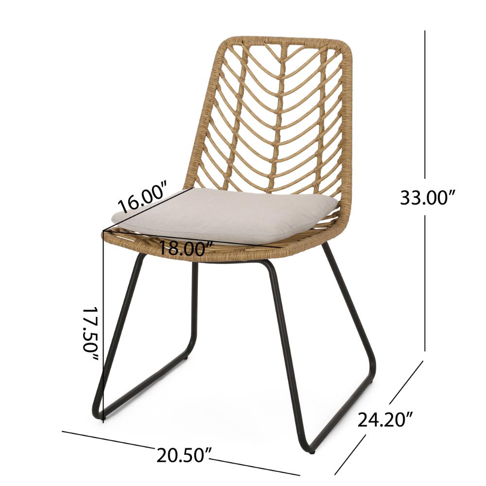 Benjara Side Dining Chair Set of 2, Black Metal, White Fabric, Brown Wicker Rattan