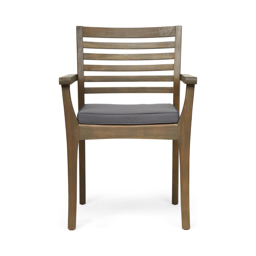 Benjara Dining Chair, Slatted Back, Modern, Teak Brown Acacia Wood, Gray Fabric