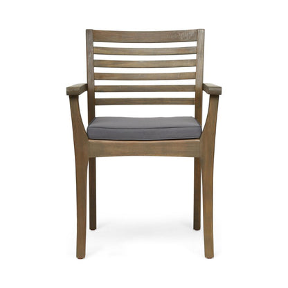 Benjara Dining Chair, Slatted Back, Modern, Teak Brown Acacia Wood, Gray Fabric