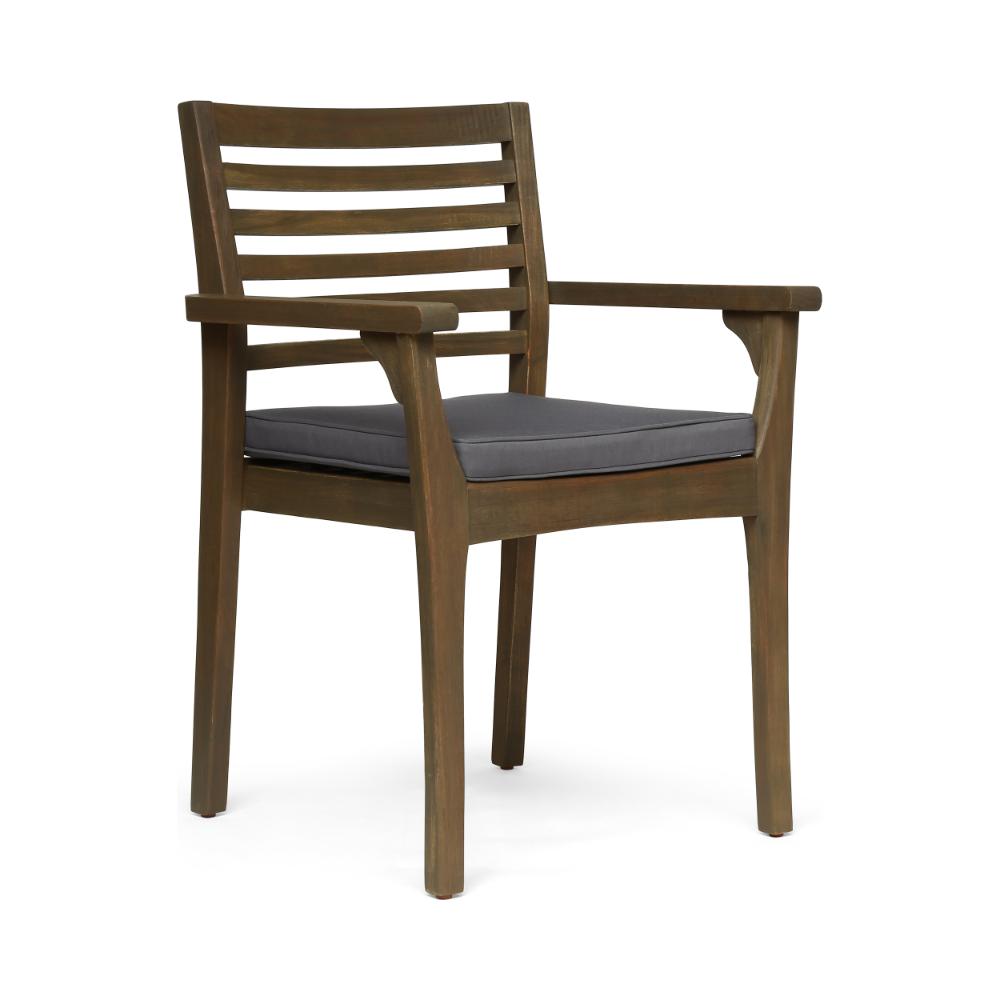 Benjara Dining Chair, Slatted Back, Modern, Teak Brown Acacia Wood, Gray Fabric