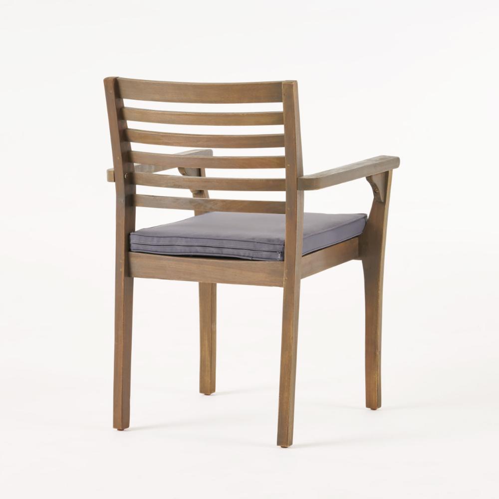 Benjara Dining Chair, Slatted Back, Modern, Teak Brown Acacia Wood, Gray Fabric