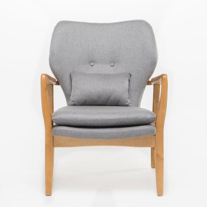 Benjara Keya Accent Chair, 1 Pillow, Gray, Button Tufted Back, Light Brown Wood