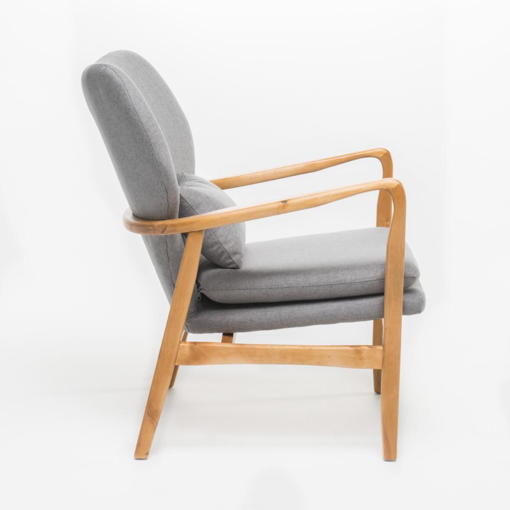 Benjara Keya Accent Chair, 1 Pillow, Gray, Button Tufted Back, Light Brown Wood