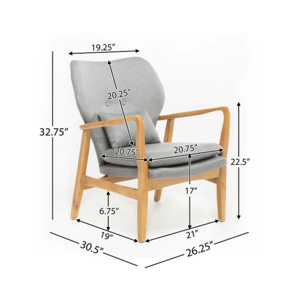 Benjara Keya Accent Chair, 1 Pillow, Gray, Button Tufted Back, Light Brown Wood