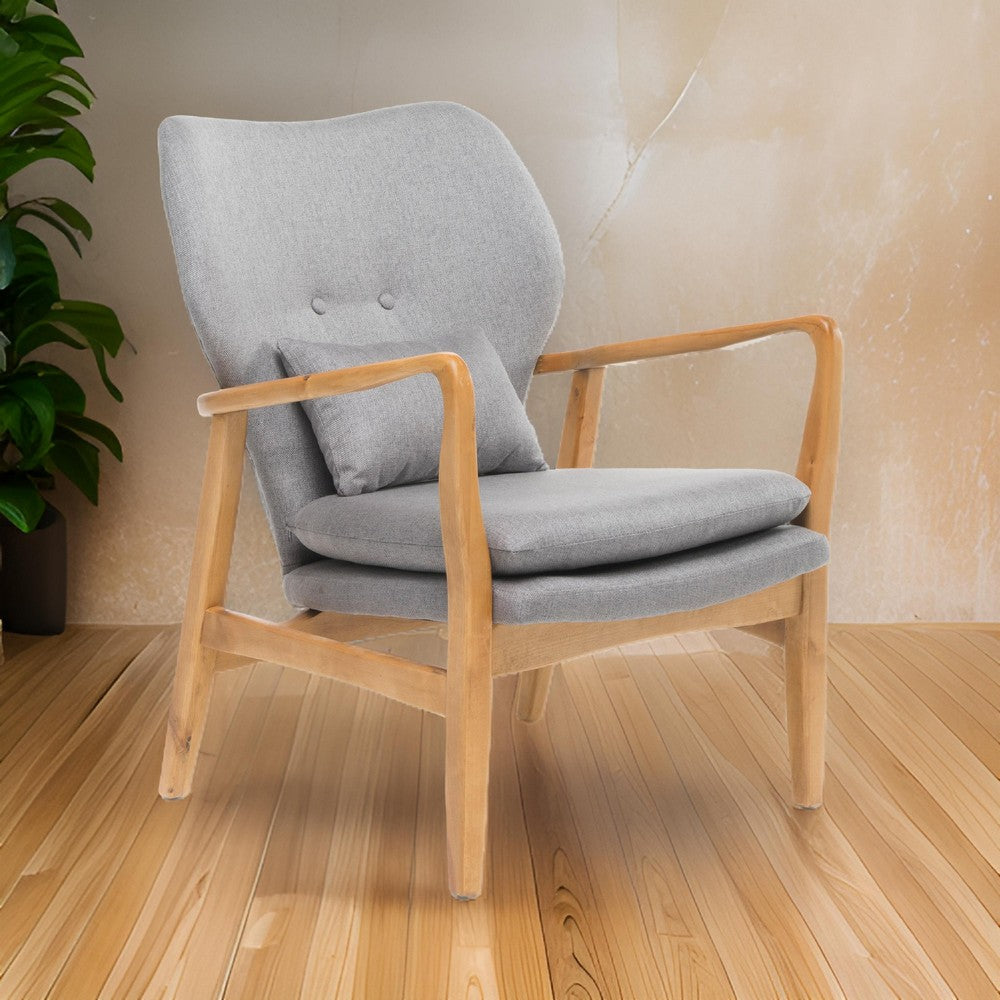 Benjara Keya Accent Chair, 1 Pillow, Gray, Button Tufted Back, Light Brown Wood