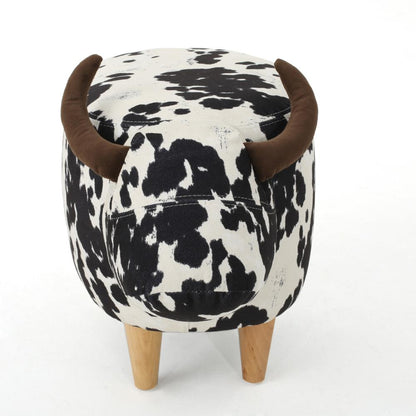 Benjara Massy Cow Kids Ottoman 25 Inches, Black, White Velvet, Light Brown Horn