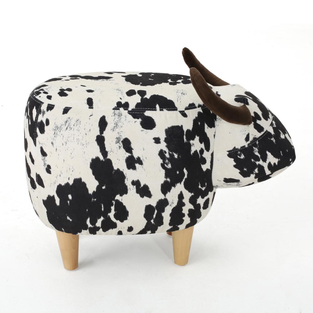 Benjara Massy Cow Kids Ottoman 25 Inches, Black, White Velvet, Light Brown Horn