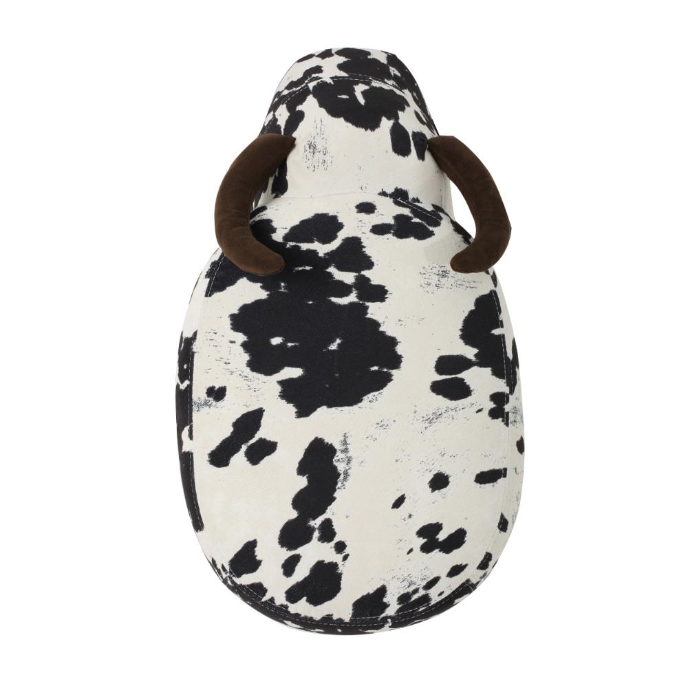 Benjara Massy Cow Kids Ottoman 25 Inches, Black, White Velvet, Light Brown Horn