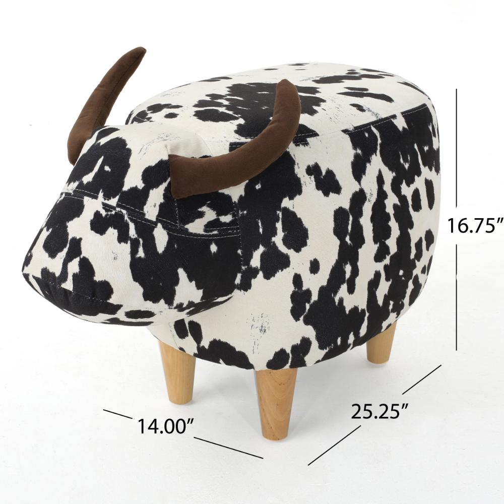 Benjara Massy Cow Kids Ottoman 25 Inches, Black, White Velvet, Light Brown Horn