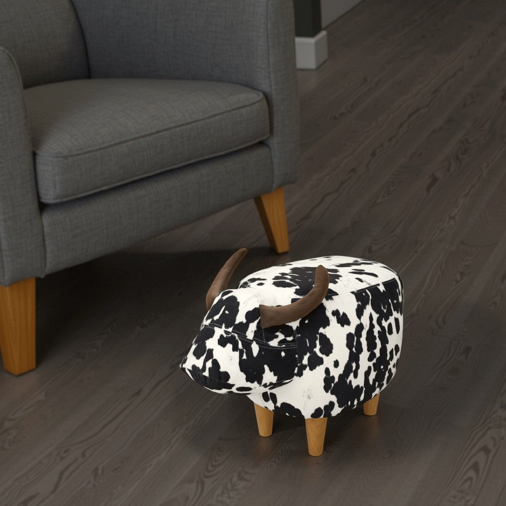 Benjara Massy Cow Kids Ottoman 25 Inches, Black, White Velvet, Light Brown Horn