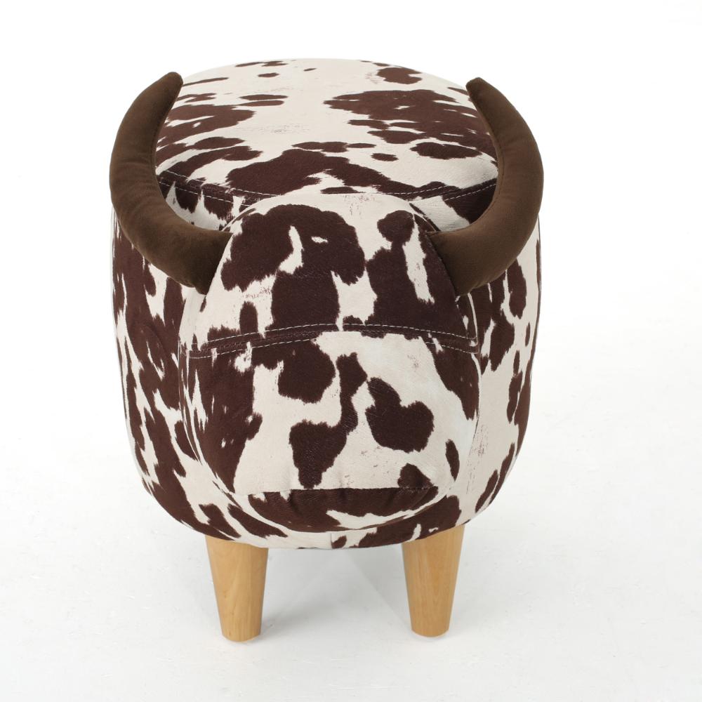Benjara Massy Cow Kids Ottoman 25 Inches, Brown, White Velvet, Light Brown Horn