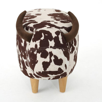 Benjara Massy Cow Kids Ottoman 25 Inches, Brown, White Velvet, Light Brown Horn