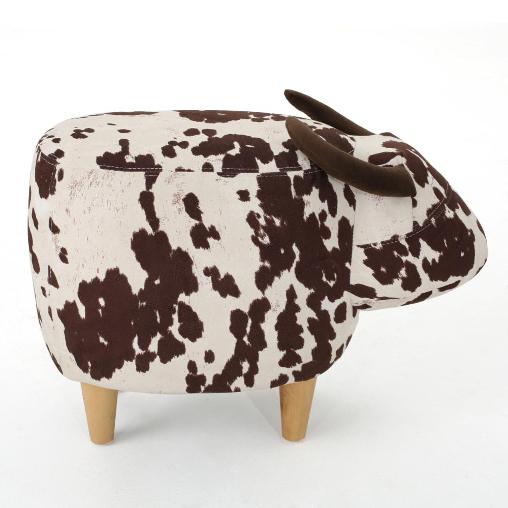 Benjara Massy Cow Kids Ottoman 25 Inches, Brown, White Velvet, Light Brown Horn