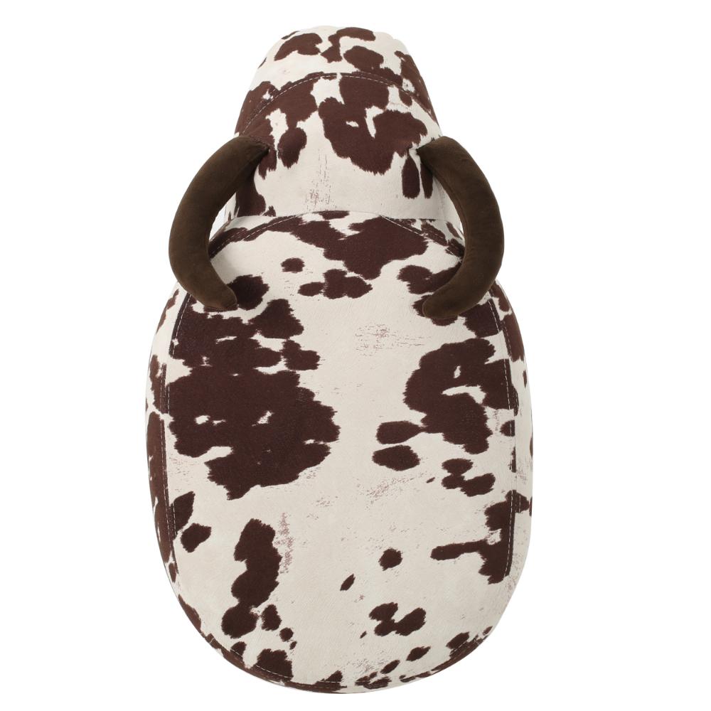 Benjara Massy Cow Kids Ottoman 25 Inches, Brown, White Velvet, Light Brown Horn