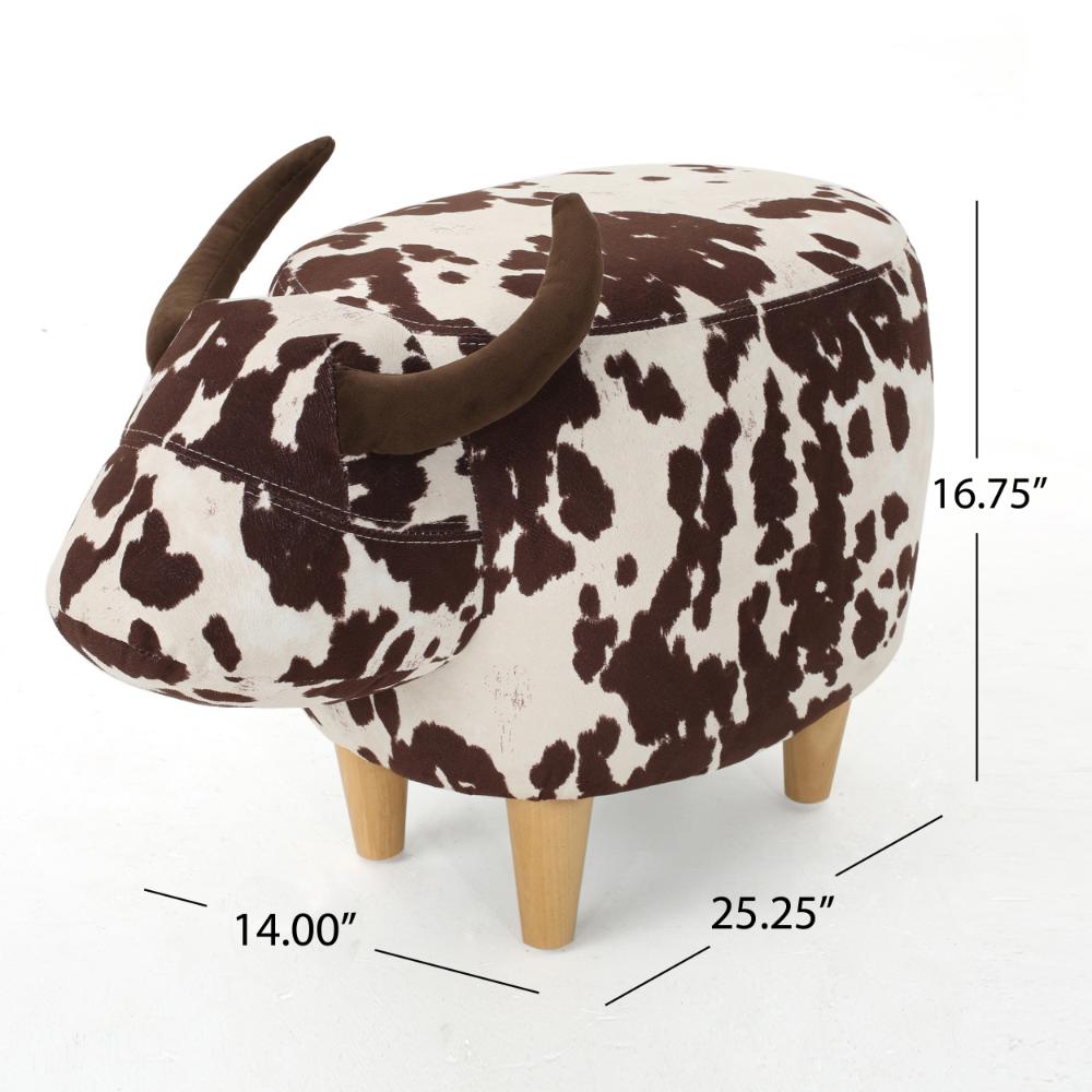 Benjara Massy Cow Kids Ottoman 25 Inches, Brown, White Velvet, Light Brown Horn