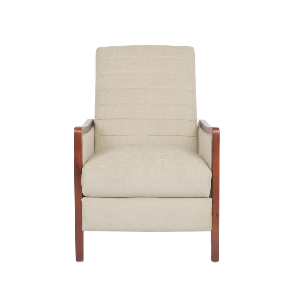 Benjara Ryka Pushback Manual Recliner Chair, Channel Stitch Beige, Birch Wood