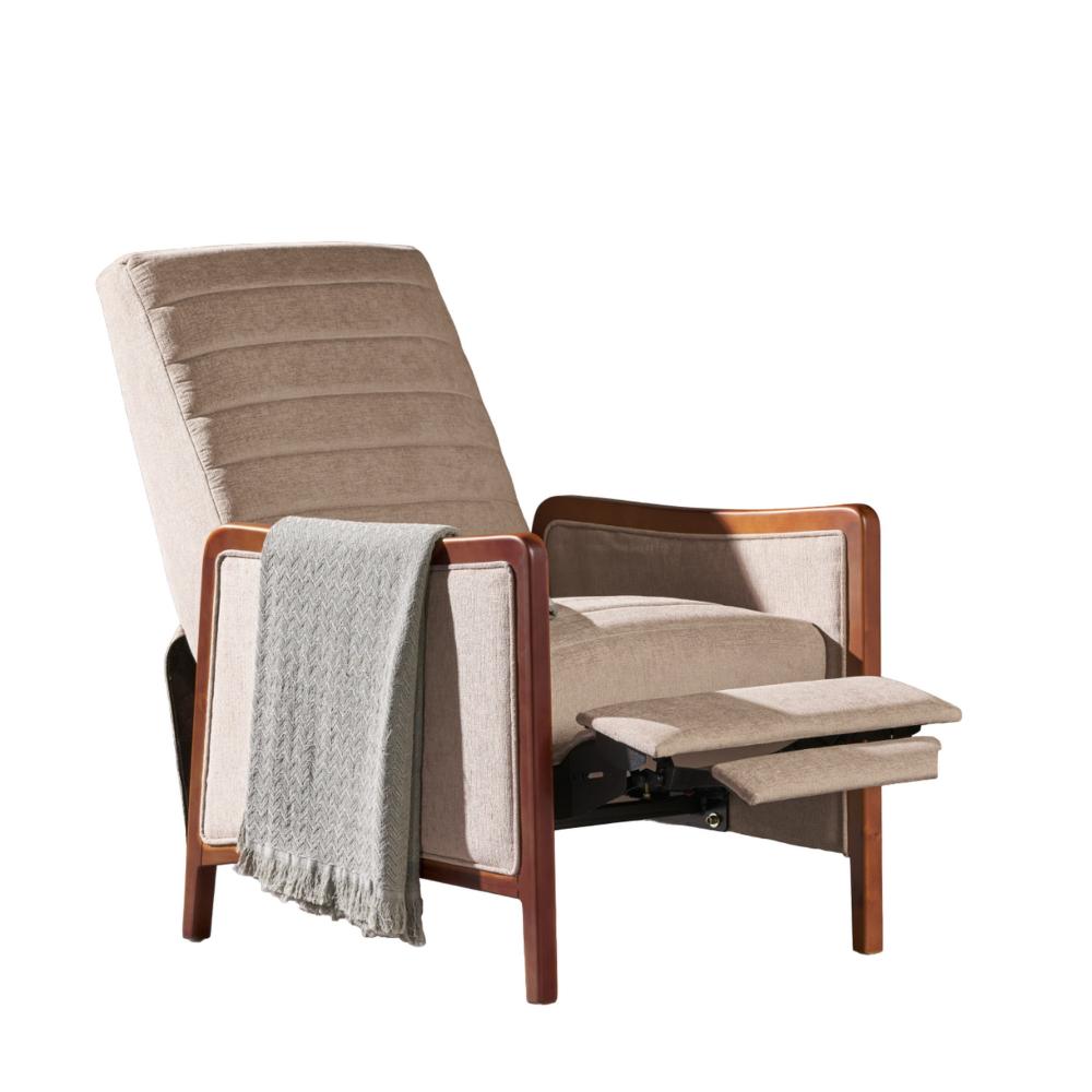 Benjara Ryka Pushback Manual Recliner Chair, Channel Stitch Beige, Birch Wood