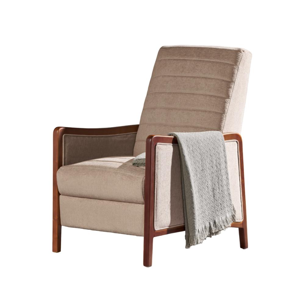 Benjara Ryka Pushback Manual Recliner Chair, Channel Stitch Beige, Birch Wood