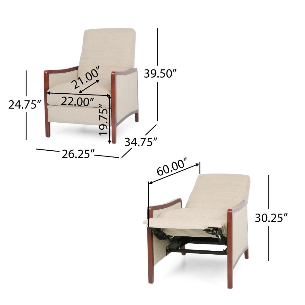 Benjara Ryka Pushback Manual Recliner Chair, Channel Stitch Beige, Birch Wood