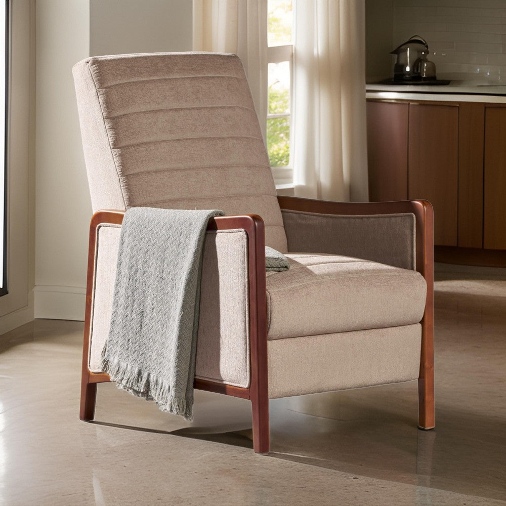 Benjara Ryka Pushback Manual Recliner Chair, Channel Stitch Beige, Birch Wood