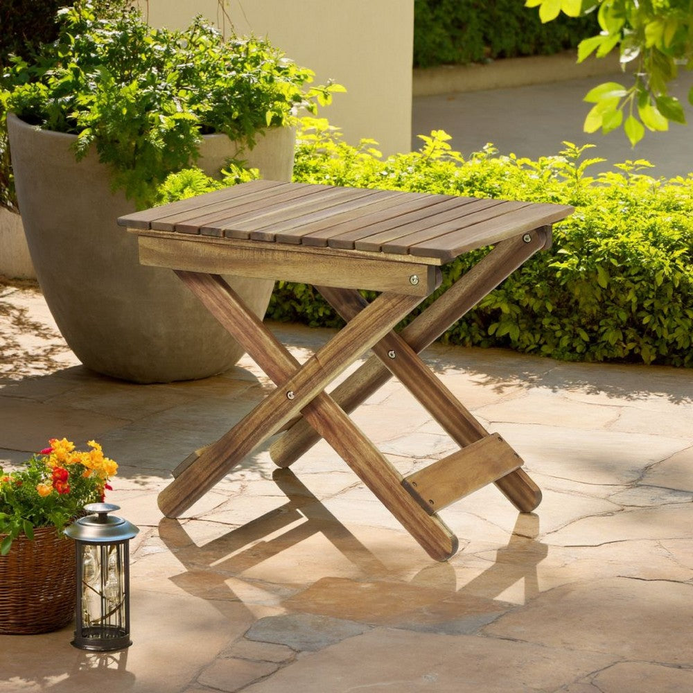 Benjara Kyre Outdoor Side Table, Foldable Slatted 23 Inch, Brown Acacia Wood