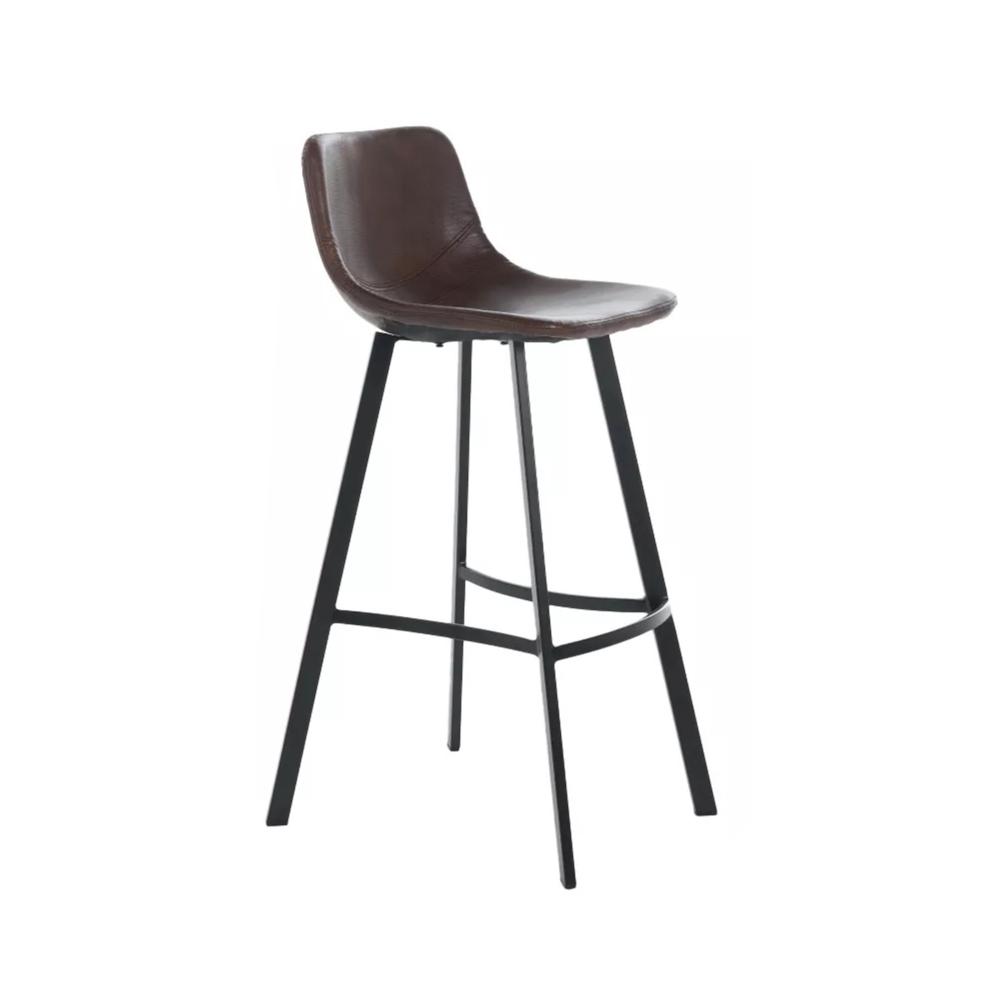 Benjara Barstool Chair Set of 2, Curved Seat, Black Steel, Brown Faux Leather