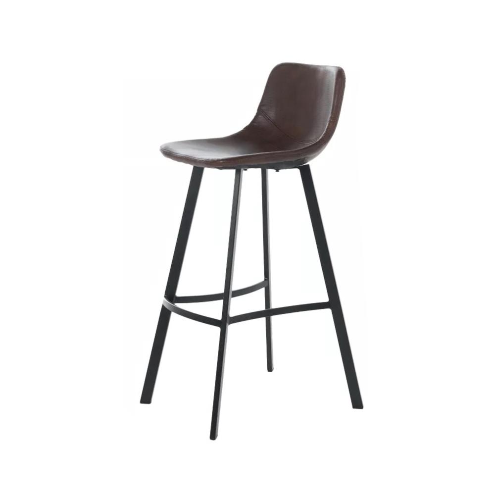 Benjara Barstool Chair Set of 2, Curved Seat, Black Steel, Brown Faux Leather