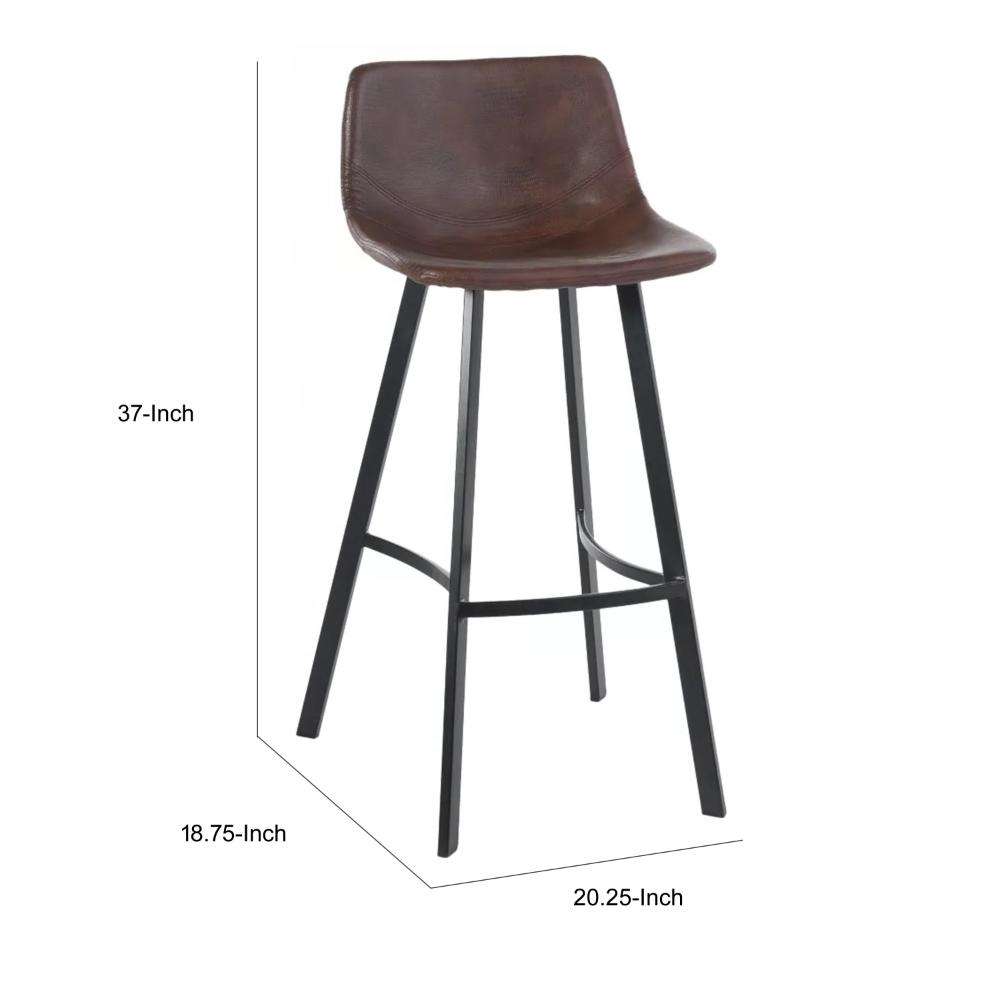 Benjara Barstool Chair Set of 2, Curved Seat, Black Steel, Brown Faux Leather