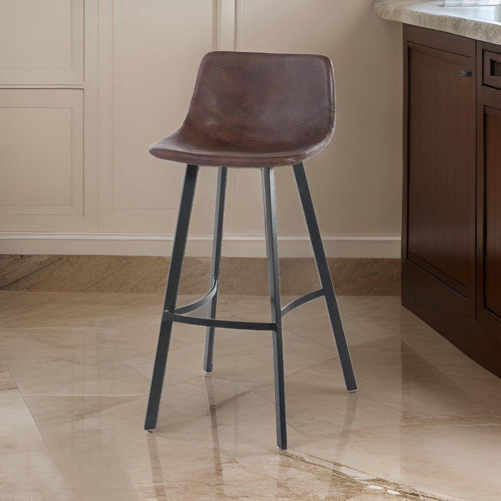 Benjara Barstool Chair Set of 2, Curved Seat, Black Steel, Brown Faux Leather