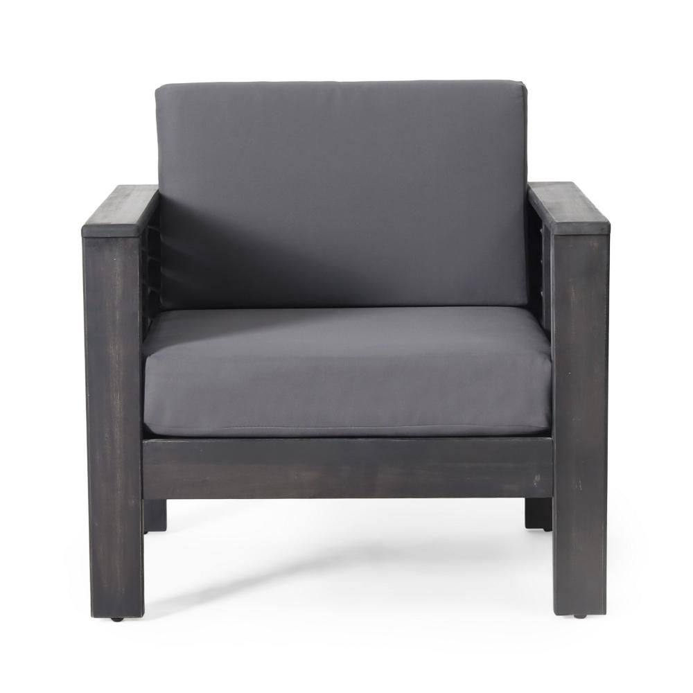 Benjara Quim Outdoor Club Chair, Shutter Slat Panel, Gray Acacia Wood, Gray Fabric
