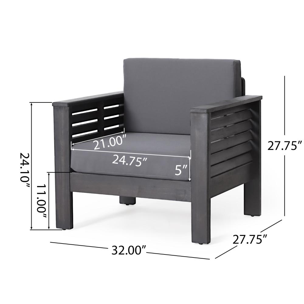 Benjara Quim Outdoor Club Chair, Shutter Slat Panel, Gray Acacia Wood, Gray Fabric