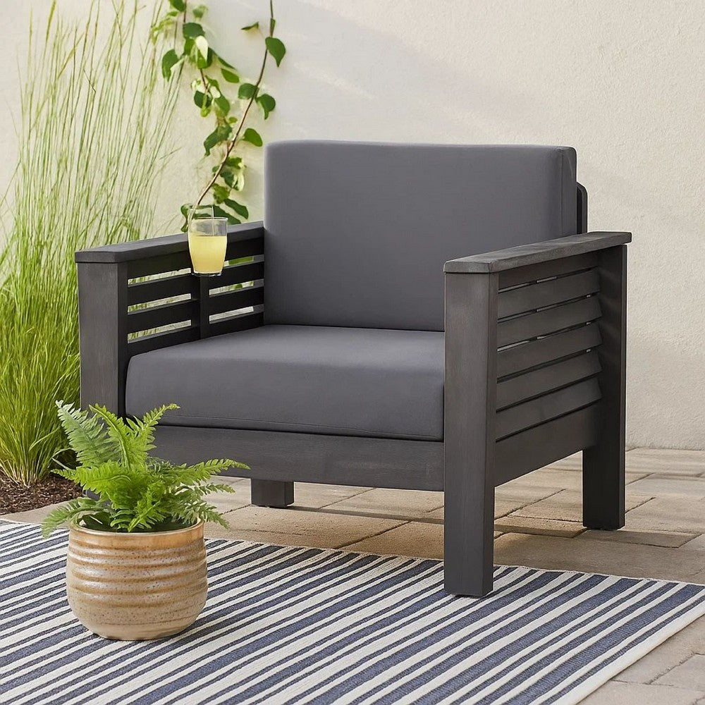 Benjara Quim Outdoor Club Chair, Shutter Slat Panel, Gray Acacia Wood, Gray Fabric